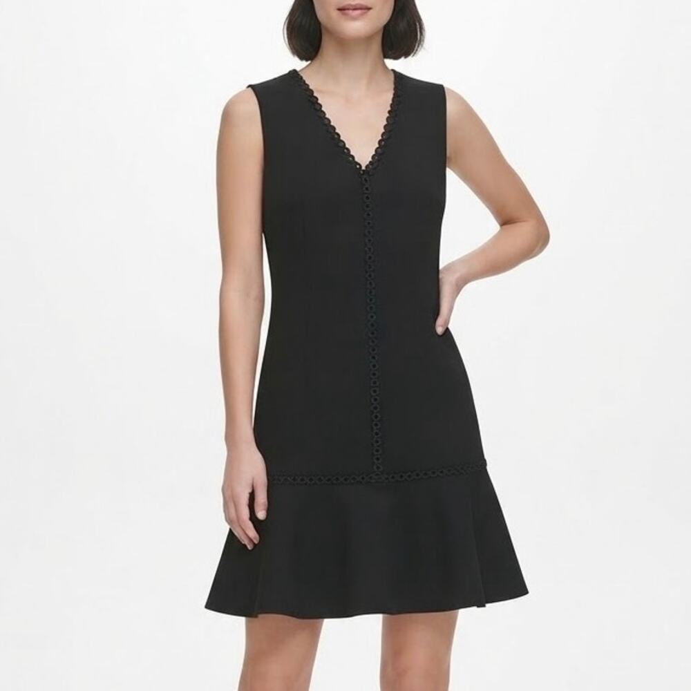 Calvin Klein Black Eyelet Trim V-Neck Drop Waist Crepe Little Black Dress Size 4